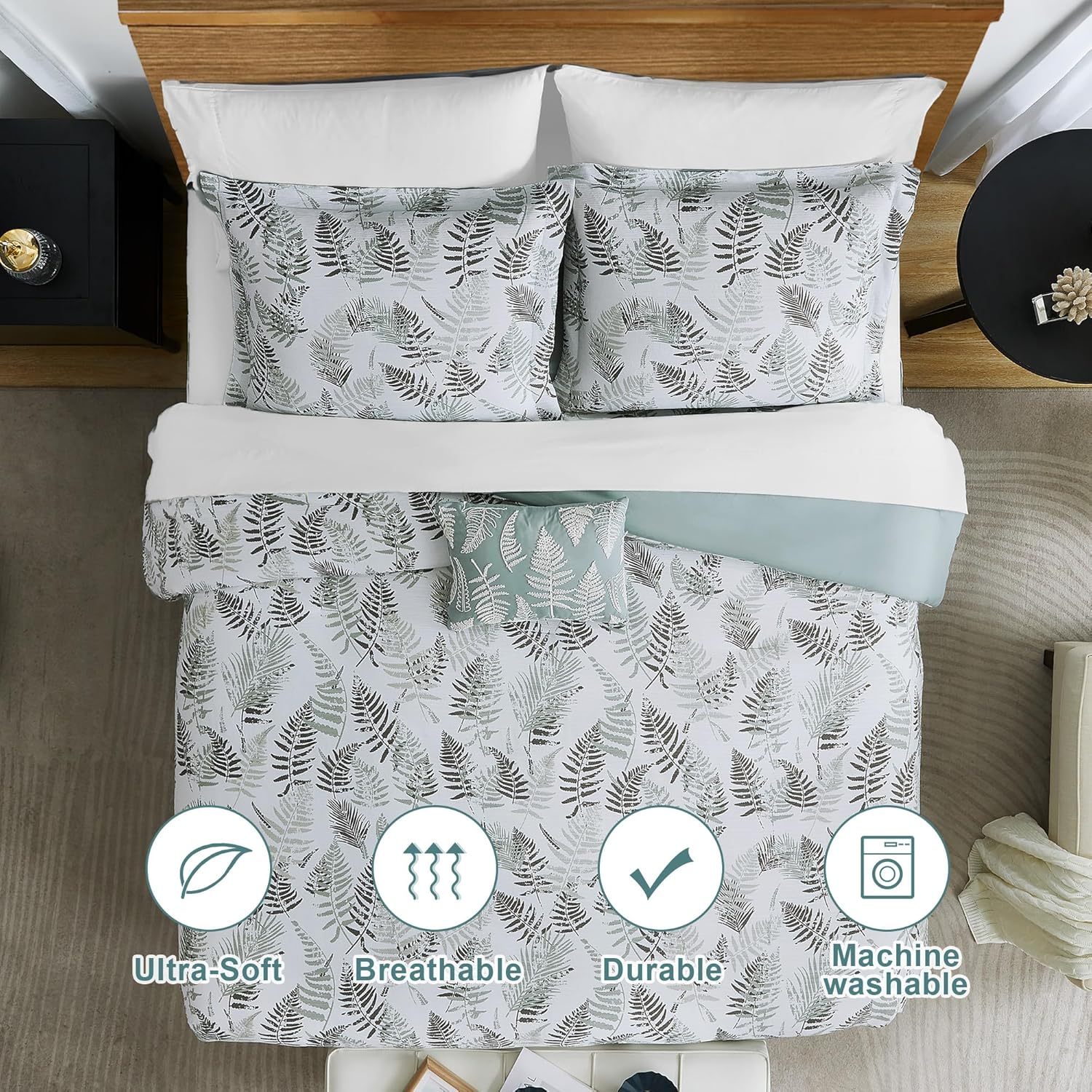 Green Queen Size Comforter Sets,Crinkle Green and Moss Botanical Comforter Queen Size 3 Pieces for All Seasons,1 Comforter and 2 Pillow Shams